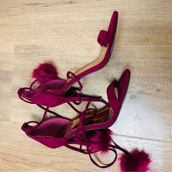 EUC ANGL Breckelles Burgundy Fluffy Pom Pom Heels 7 - Picture 3 of 4